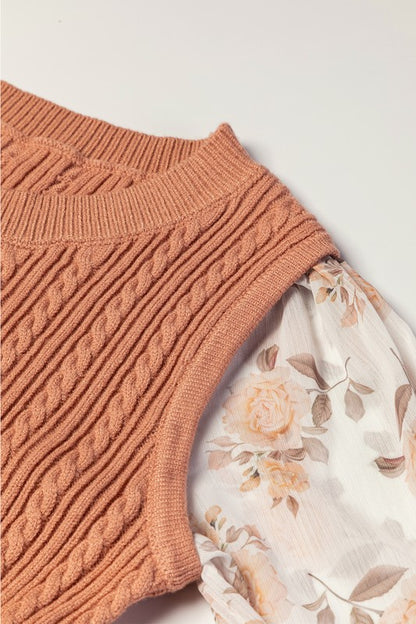 EG FASHION Cable Knit Sweater with Floral Ruffle Cuff Sleeves