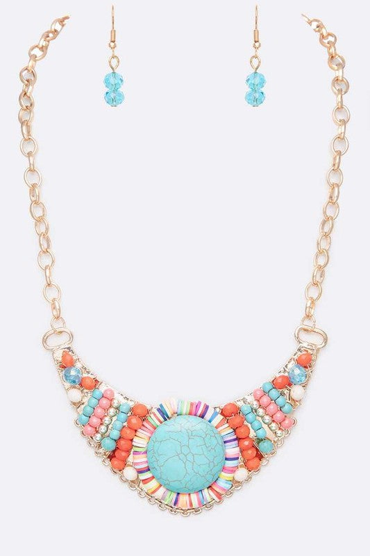 LA JEWELRY Turquoise Beaded Bib Necklace Set