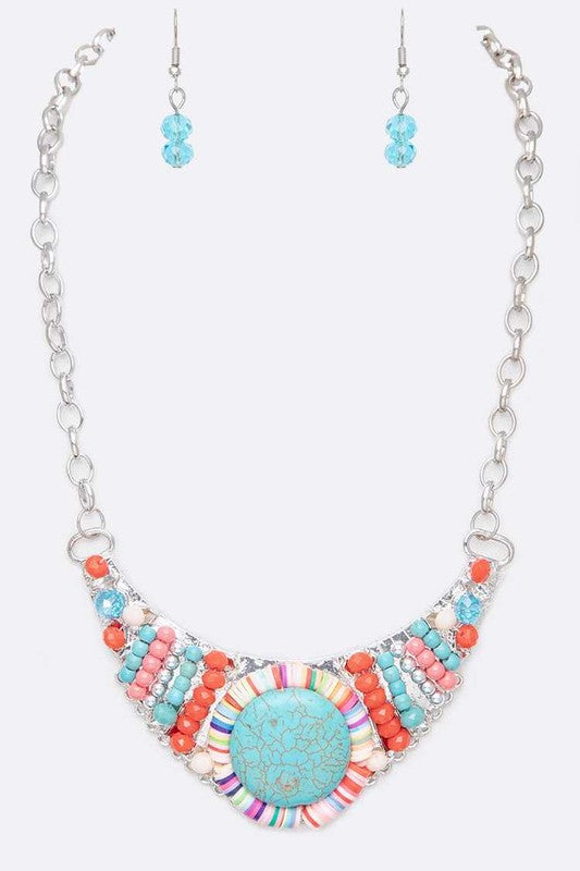 LA JEWELRY Turquoise Beaded Bib Necklace Set