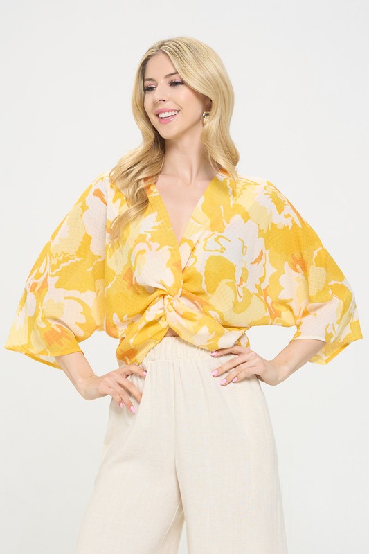 Renee C. Women's Yellow Floral Mid Sleeve Top with Front Twist