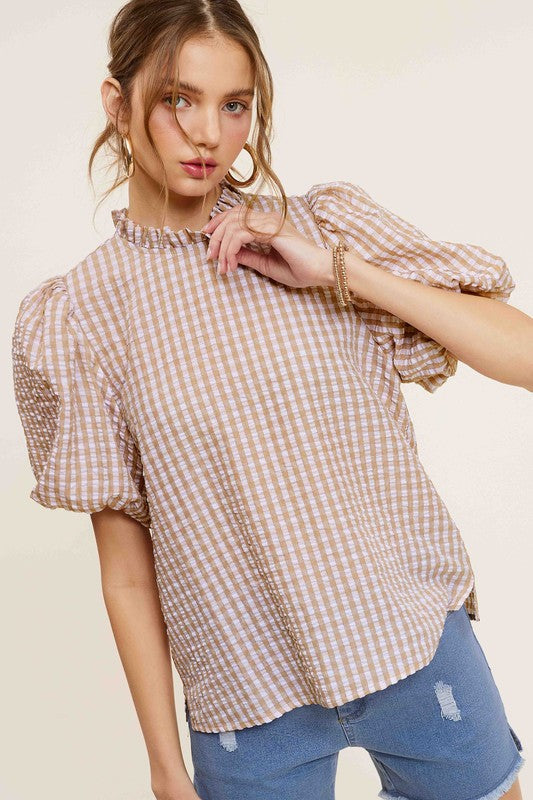 LA MIEL Women's Gingham Check Print Puff Short Sleeves Casual Top