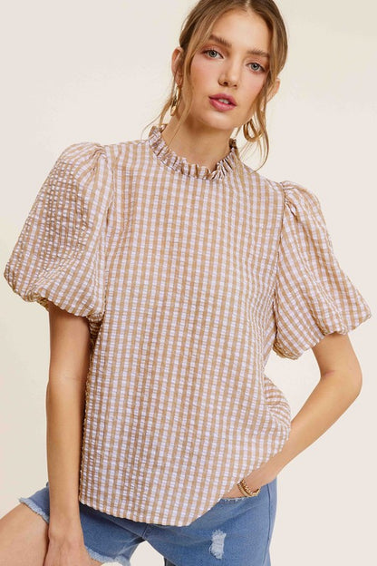 LA MIEL Women's Gingham Check Print Puff Short Sleeves Casual Top