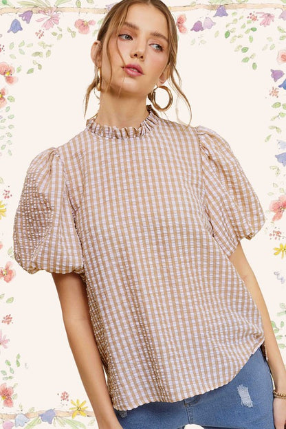 LA MIEL Women's Gingham Check Print Puff Short Sleeves Casual Top