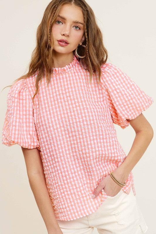 LA MIEL Women's Gingham Check Print Puff Short Sleeves Casual Top