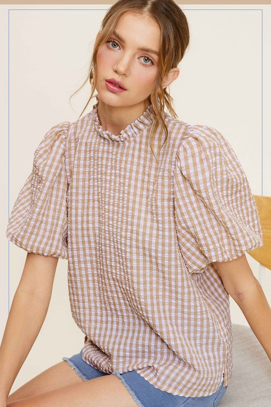 LA MIEL Women's Gingham Check Print Puff Short Sleeves Casual Top