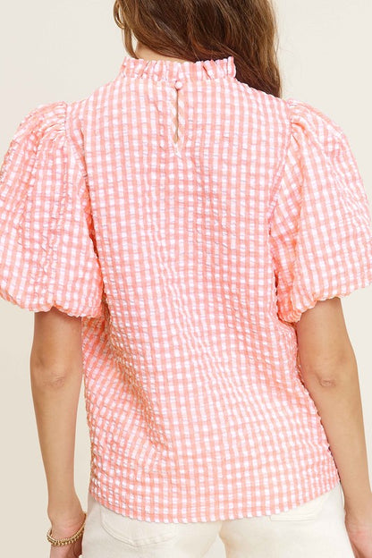 LA MIEL Women's Gingham Check Print Puff Short Sleeves Casual Top