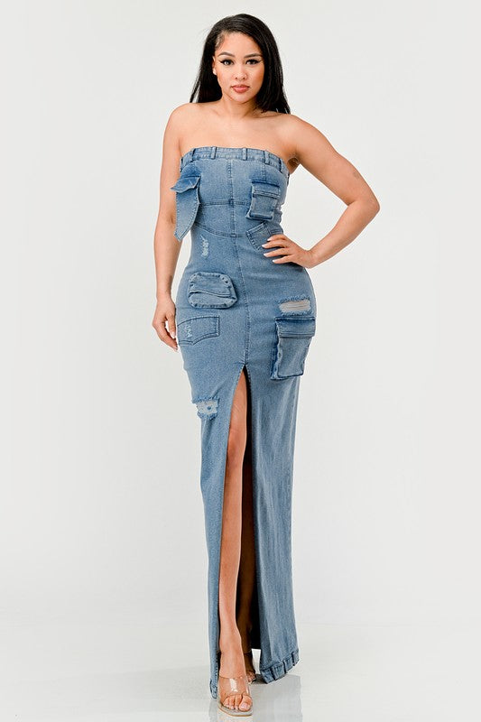 ATHINA Urban Chic Strapless Denim Front-split Dress