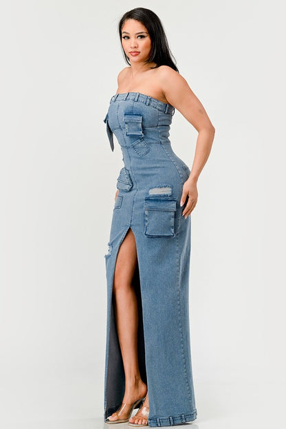 ATHINA Urban Chic Strapless Denim Front-split Dress