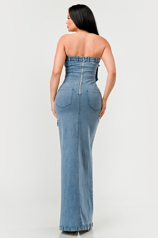 ATHINA Urban Chic Strapless Denim Front-split Dress