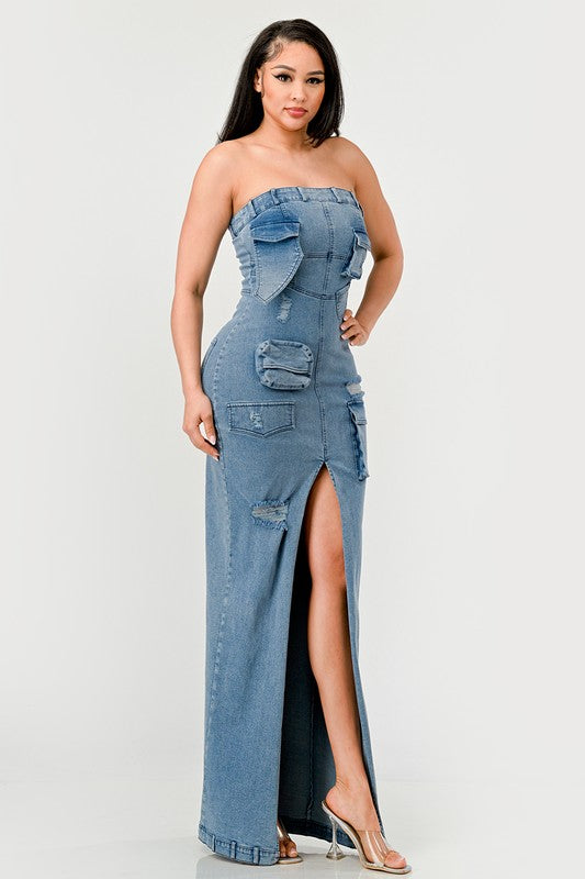 ATHINA Urban Chic Strapless Denim Front-split Dress