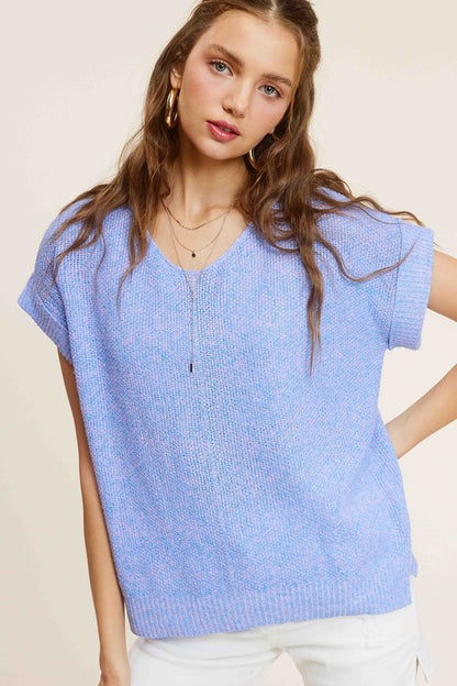 LA MIEL Soft Lightweight V-Neck Short Sleeve Sweater