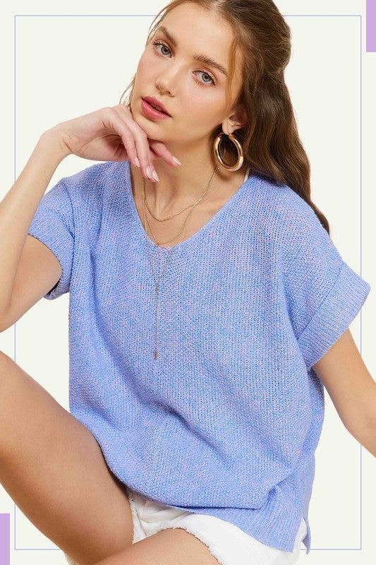 LA MIEL Soft Lightweight V-Neck Short Sleeve Sweater