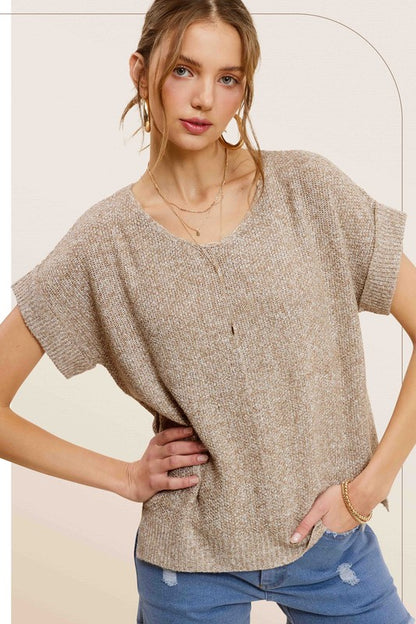 LA MIEL Soft Lightweight V-Neck Short Sleeve Sweater