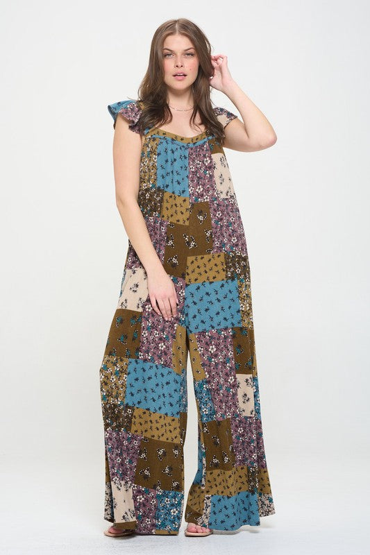 JADE by JANE Multi Print Knit Maxi Oversized Boho Jumpsuit with Wide-Leg