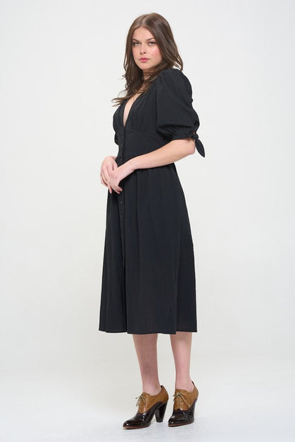 JADE by JANE 3/4 Puffed Sleeves Textured Buttoned-down V-neck Midi Dress