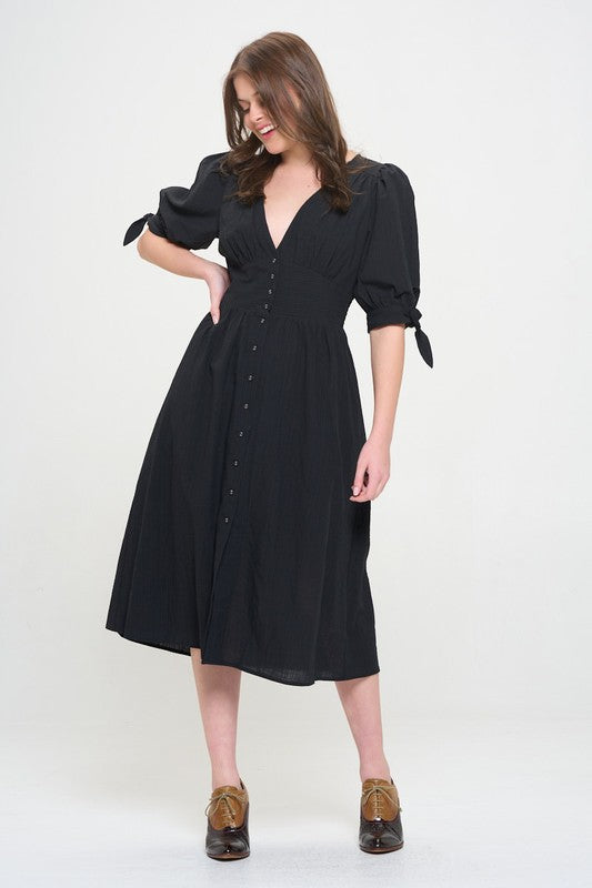 JADE by JANE 3/4 Puffed Sleeves Textured Buttoned-down V-neck Midi Dress