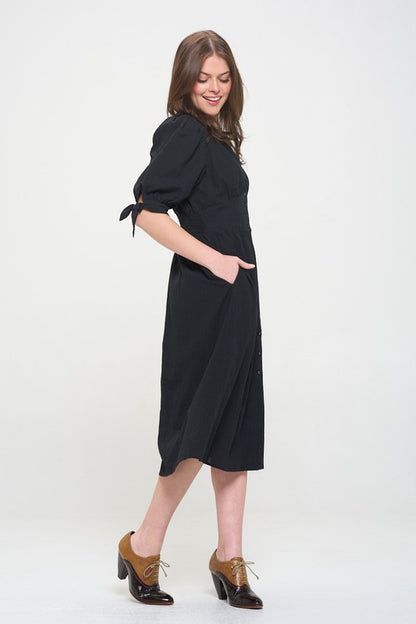 JADE by JANE 3/4 Puffed Sleeves Textured Buttoned-down V-neck Midi Dress