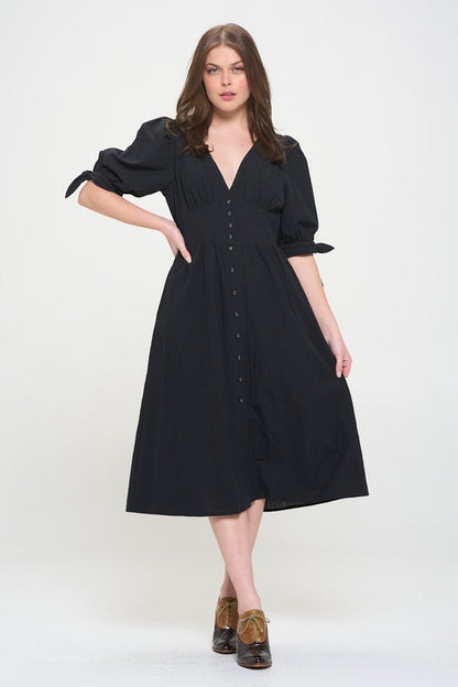 JADE by JANE 3/4 Puffed Sleeves Textured Buttoned-down V-neck Midi Dress