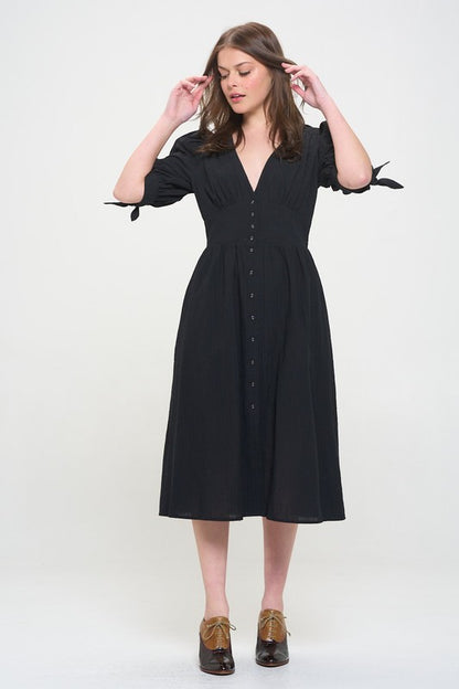 JADE by JANE 3/4 Puffed Sleeves Textured Buttoned-down V-neck Midi Dress