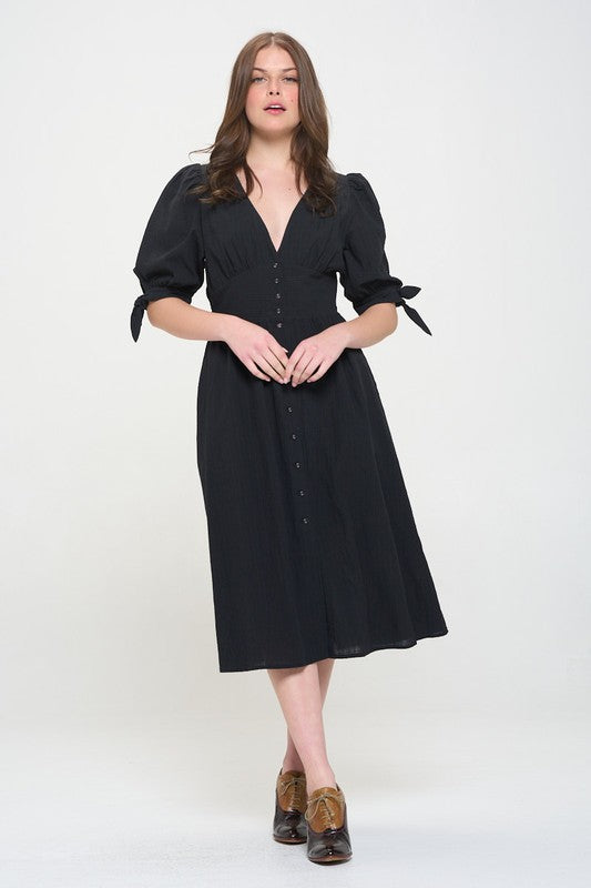 JADE by JANE 3/4 Puffed Sleeves Textured Buttoned-down V-neck Midi Dress