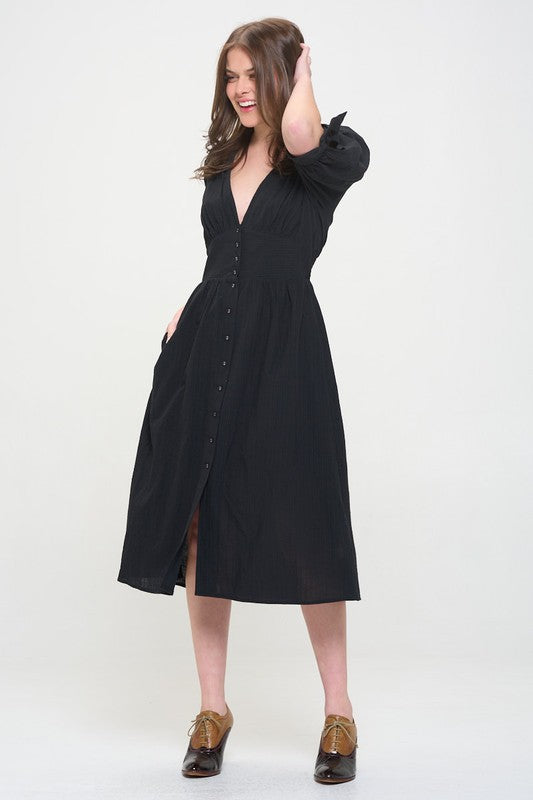 JADE by JANE 3/4 Puffed Sleeves Textured Buttoned-down V-neck Midi Dress