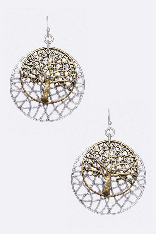 LA JEWELRY Willow Tree 2 Tone Earrings