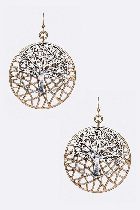 LA JEWELRY Willow Tree 2 Tone Earrings