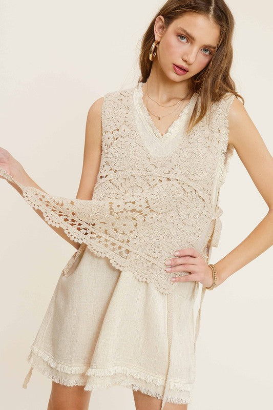 LA MIEL Self Side Tie Detailed Boho Crochet Vest Top