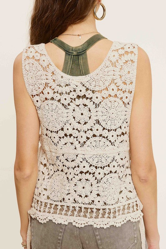 LA MIEL Self Side Tie Detailed Boho Crochet Vest Top