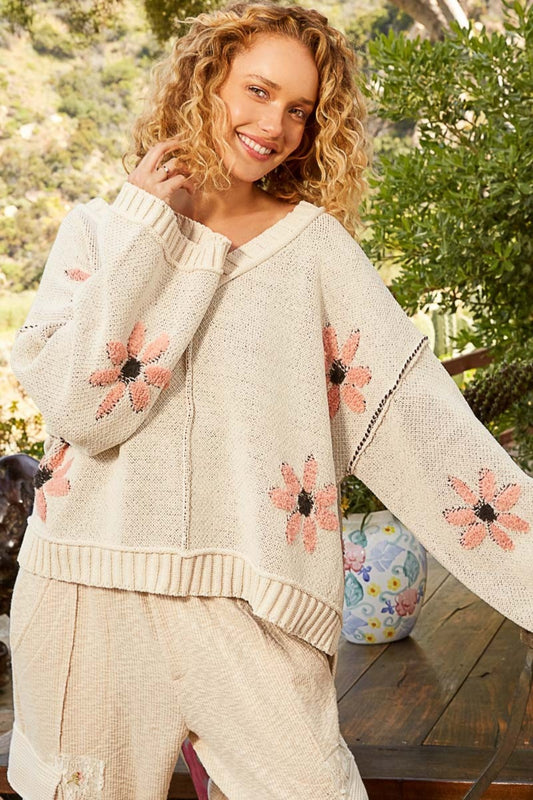 POL Ivory V-Neck Floral Pattern Chenille Sweater