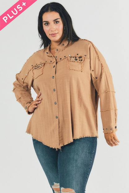 DAVI & DANI PLUS Distressed hem button down oversize shirt