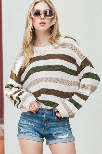 EG FASHION Hollowed Light Weight Drop Shoulder Knit Sweater