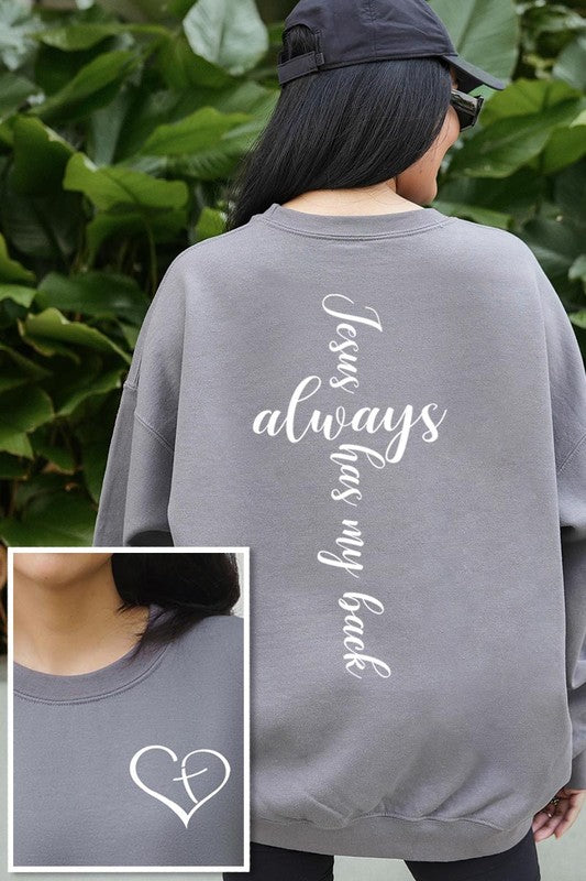 COLOR BEAR "Jesus Always Has my Back" Faith Front Back Graphic Fleece Sweatshirts