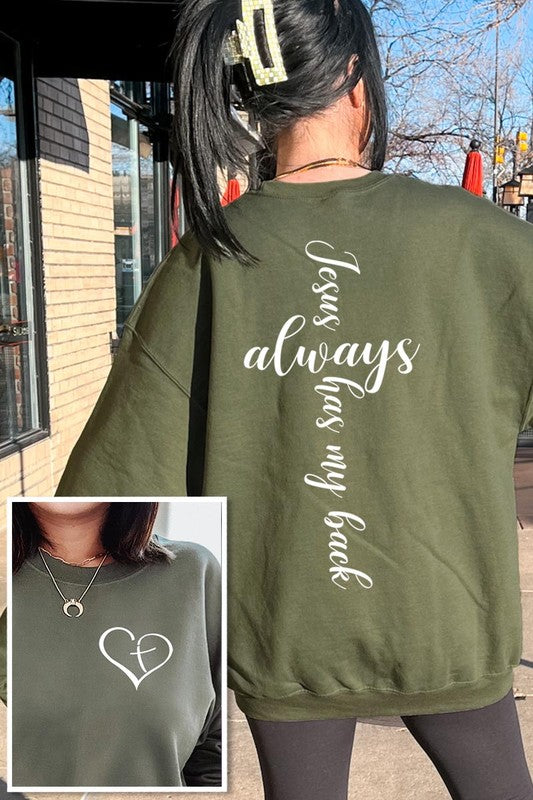 COLOR BEAR "Jesus Always Has my Back" Faith Front Back Graphic Fleece Sweatshirts