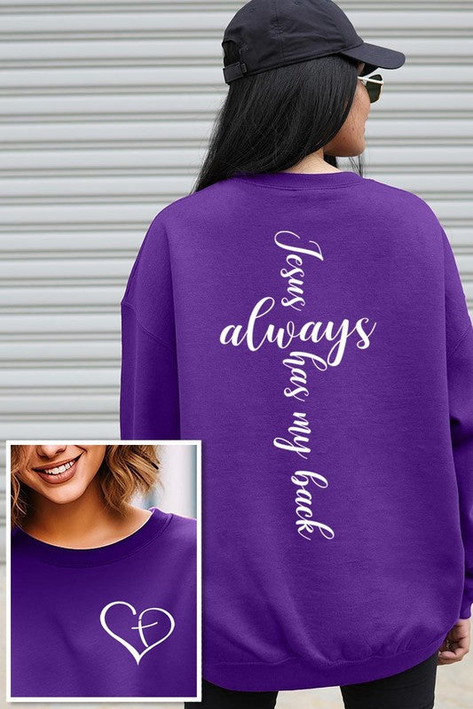 COLOR BEAR "Jesus Always Has my Back" Faith Front Back Graphic Fleece Sweatshirts