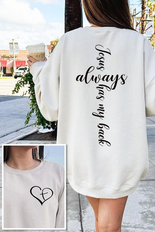 COLOR BEAR "Jesus Always Has my Back" Faith Front Back Graphic Fleece Sweatshirts