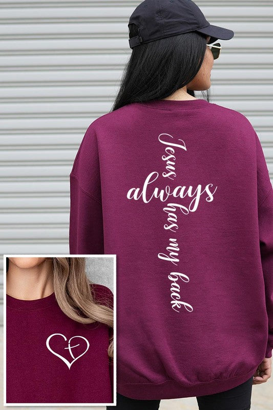 COLOR BEAR "Jesus Always Has my Back" Faith Front Back Graphic Fleece Sweatshirts