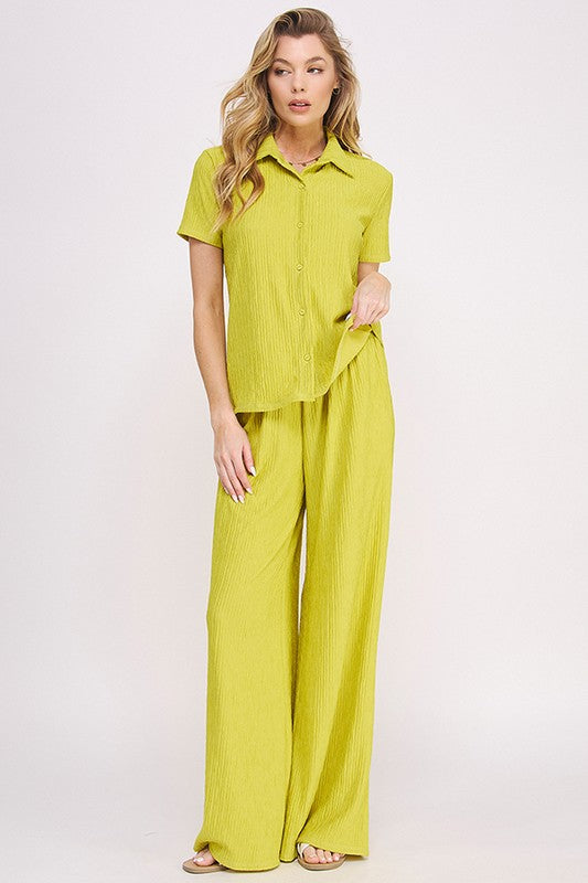 JADE BY JANE Textured Short Sleeves Top & Wide-leg Pants Set