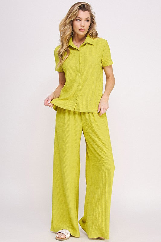 JADE BY JANE Textured Short Sleeves Top & Wide-leg Pants Set