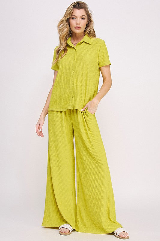 JADE BY JANE Textured Short Sleeves Top & Wide-leg Pants Set