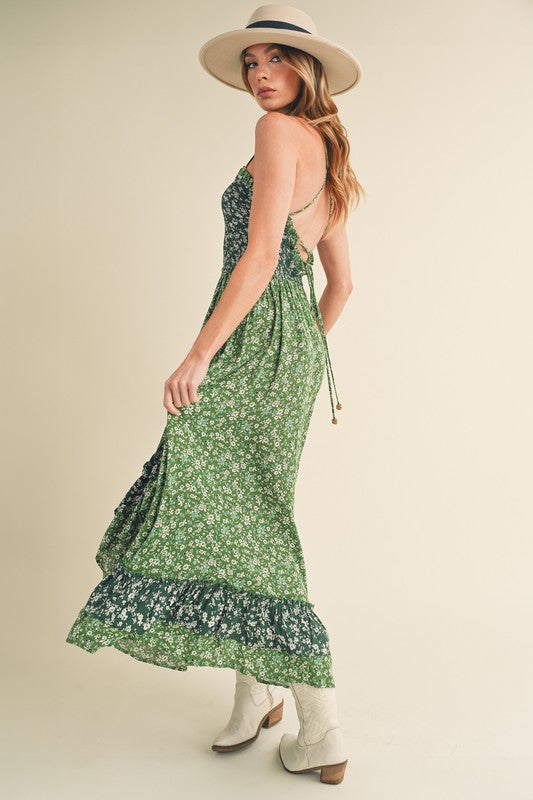 AEMI & Co. Floral Backless Boho Deeane Dress with Flare Skirt