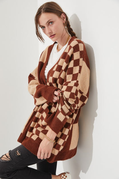 JADE by JANE Mocha/Beige Checkered Oversized Sweater