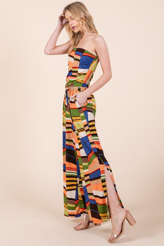 ORANGE FARM CLOTHING Printed Wide Leg Jumpsuit with Pockets