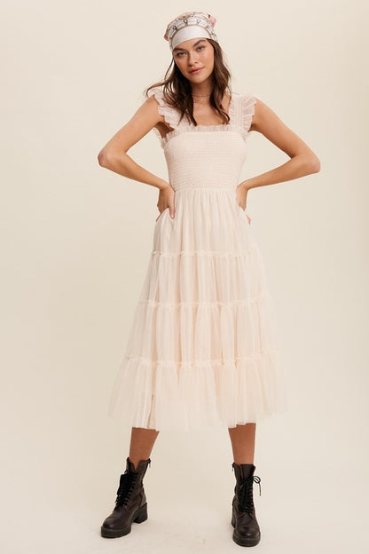 LISTICLE Smocked Ruffle Tiered Mesh Midi Cocktail Dress