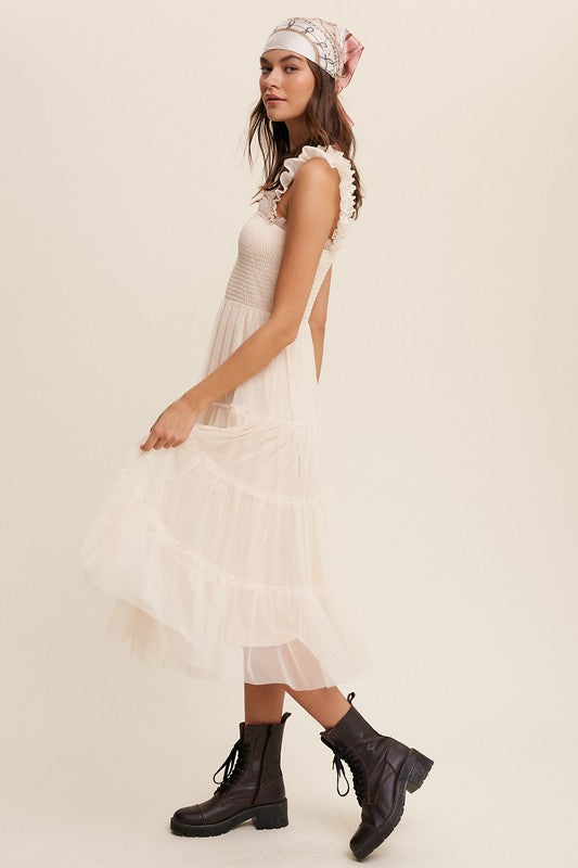 LISTICLE Smocked Ruffle Tiered Mesh Midi Cocktail Dress