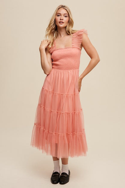 LISTICLE Smocked Ruffle Tiered Mesh Midi Cocktail Dress