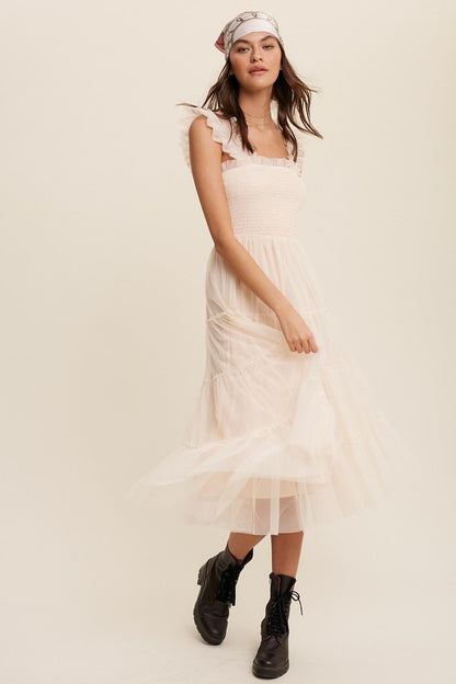 LISTICLE Smocked Ruffle Tiered Mesh Midi Cocktail Dress