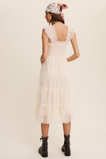 LISTICLE Smocked Ruffle Tiered Mesh Midi Cocktail Dress