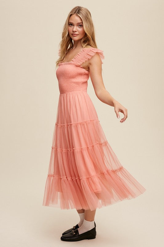 LISTICLE Smocked Ruffle Tiered Mesh Midi Cocktail Dress