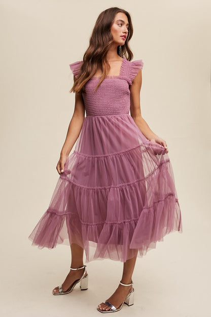 LISTICLE Smocked Ruffle Tiered Mesh Midi Cocktail Dress